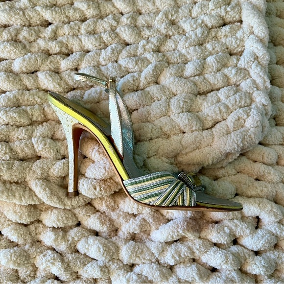 Rene Caovilla Bejeweled Rhinestone Buckle Metallic Leather Snakeskin Heel Sandal - Picture 5 of 11